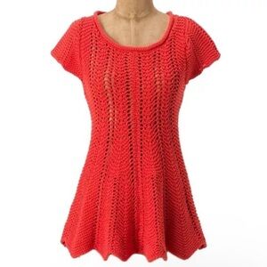Anthropologie Rosie Neira Crochet Knit Mini Dress Coral Red Size M Women’s